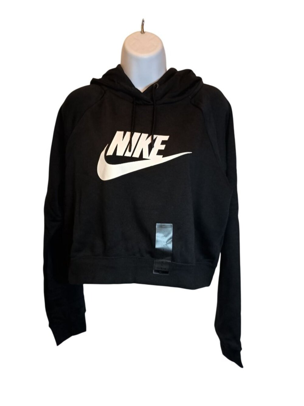 Nike Crop Top Fleece Pullover Hoodie Black/White Logo Women's Size L New